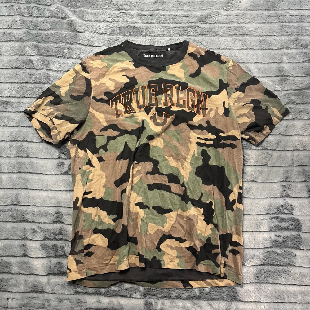 True Religion Mens Camo Graphic T-Shirt Large Green Brown Orange Logo Tee